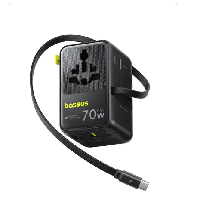 Baseus EnerCore 70W 6-in-1 Universal Travel Adapter – with Retractable Cable – Cosmic Black – CG11 – E0307E00 -1 Year Warranty