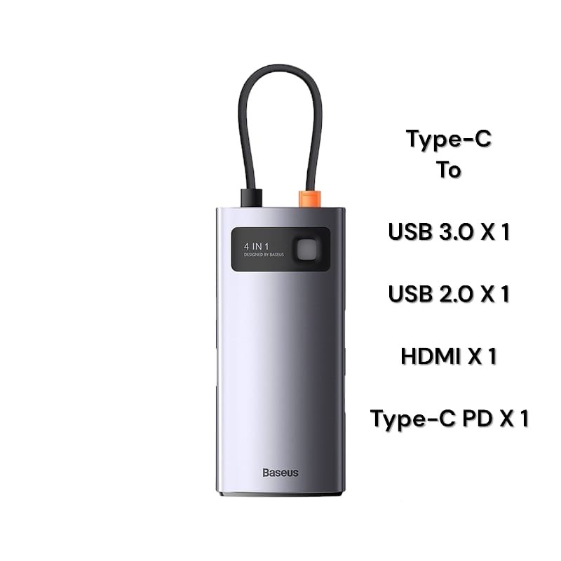 Baseus 4-in-1 Star Joy Series Multifunctional Type-C HUB Docking Station Gray (Type C to USB 3.0*1, 2.0*1 / HDMI *1 / Type C PD *1)- CAHUB-CY0G- 1 Year Warranty