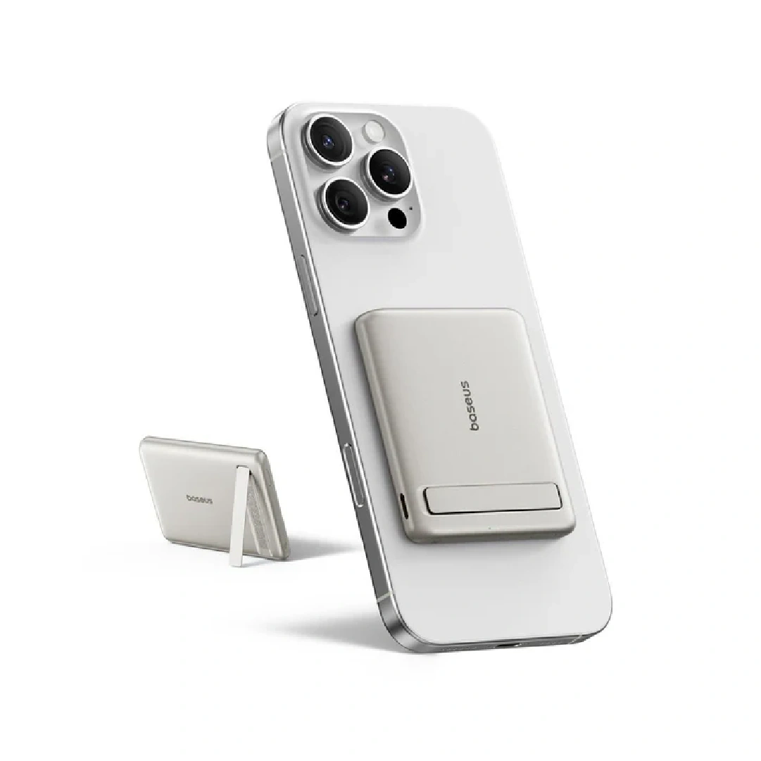 Baseus 5000mAh 20W Qi2 PicoGo AM31 Ultra-Mini Magnetic Power Bank with Kickstand – Natural Titanium