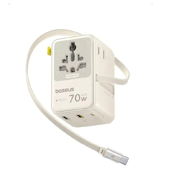 Baseus EnerCore 70W 6-in-1 Universal Travel Adapter with Retractable Cable – Off-White – CG11 – E0307E01 -1 Year Warranty