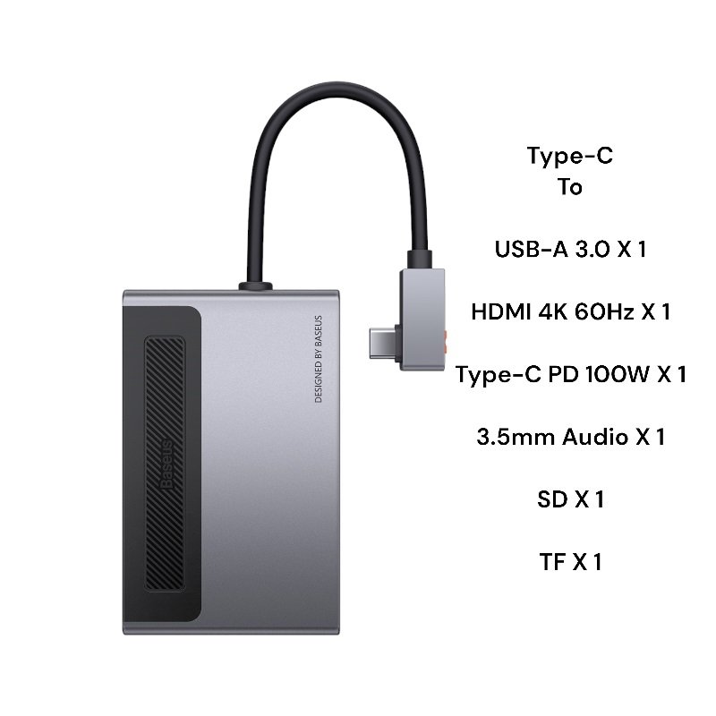 Baseus 6 in 1 Type-C HUB with a Retractable Clip Standard Edition Space Gray- 1 Year Warranty