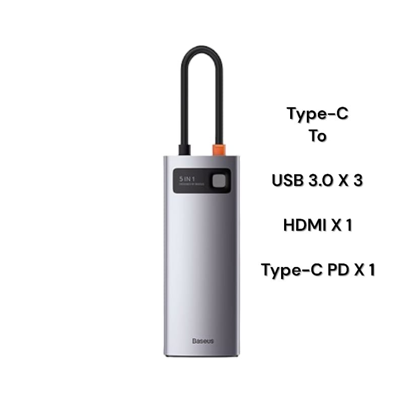 Baseus 5-in-1 Star Joy Series Multifunctional Type-C HUB Docking Station Gray (Type C to USB 3.0*3 / HDMI*1 4K 60HZ / Type C PD*1) -CAHUB-CX0G- 1 Year Warranty