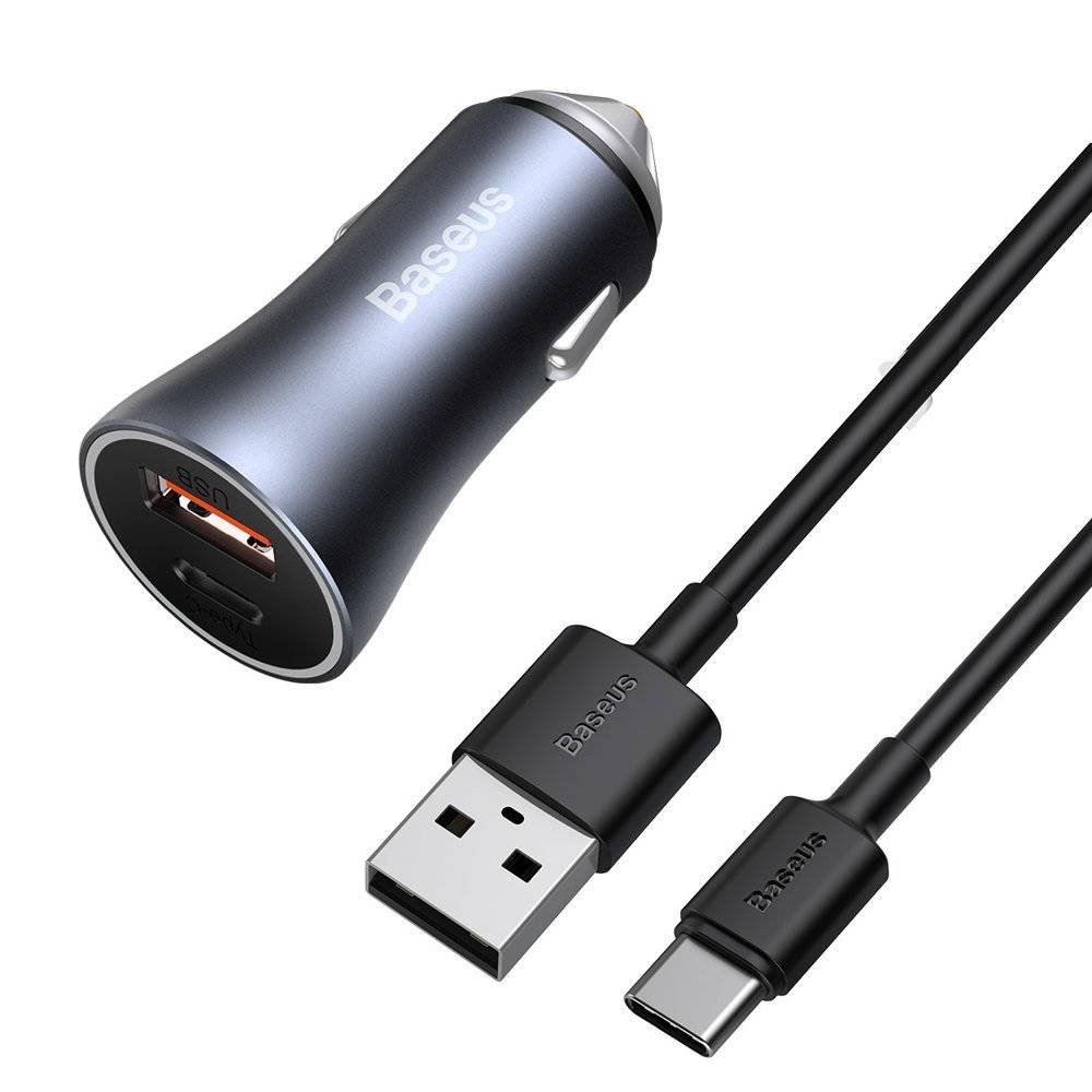 Baseus U+C 40W Golden Contactor Pro Dual Quick Charger Car Charger With Baseus Simple wiring USB For Type-C 5A 1.0m Dark Gray – TZCCJD-0G