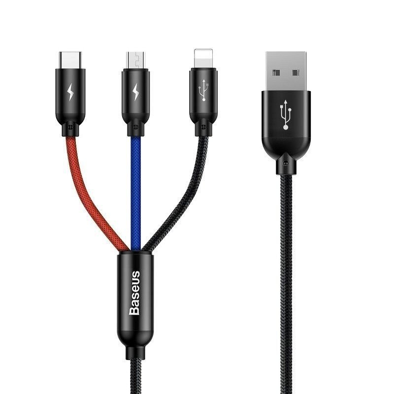 Baseus Three Primary 30CM Short USB to M+L+C Nylon Braid 3.5A Cable- 1 Year Warranty